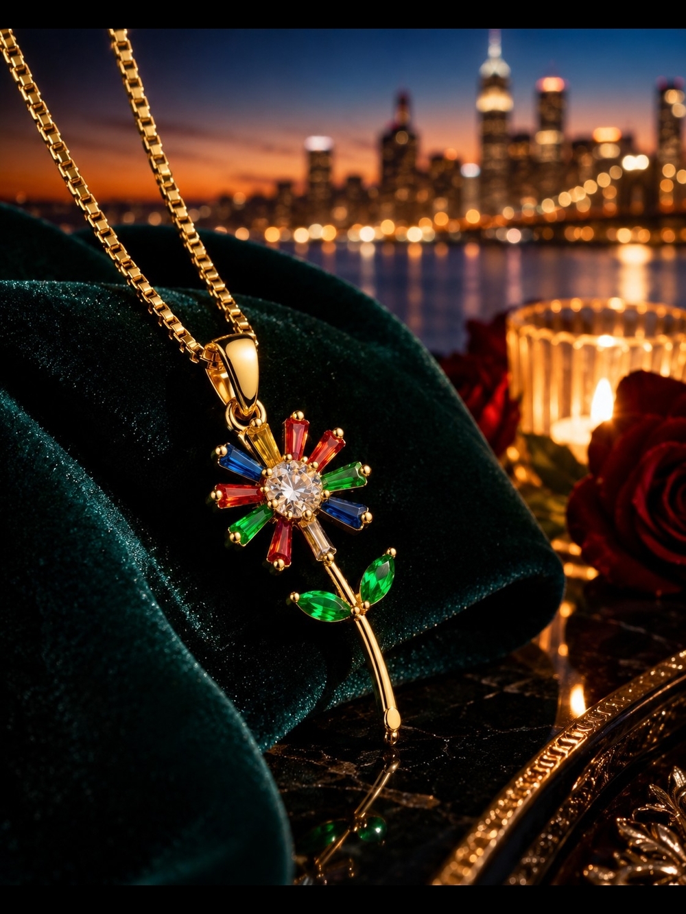 Colorful Crystal Flower Pendant Necklace Gold Tone Dainty Floral Jewelry Gift